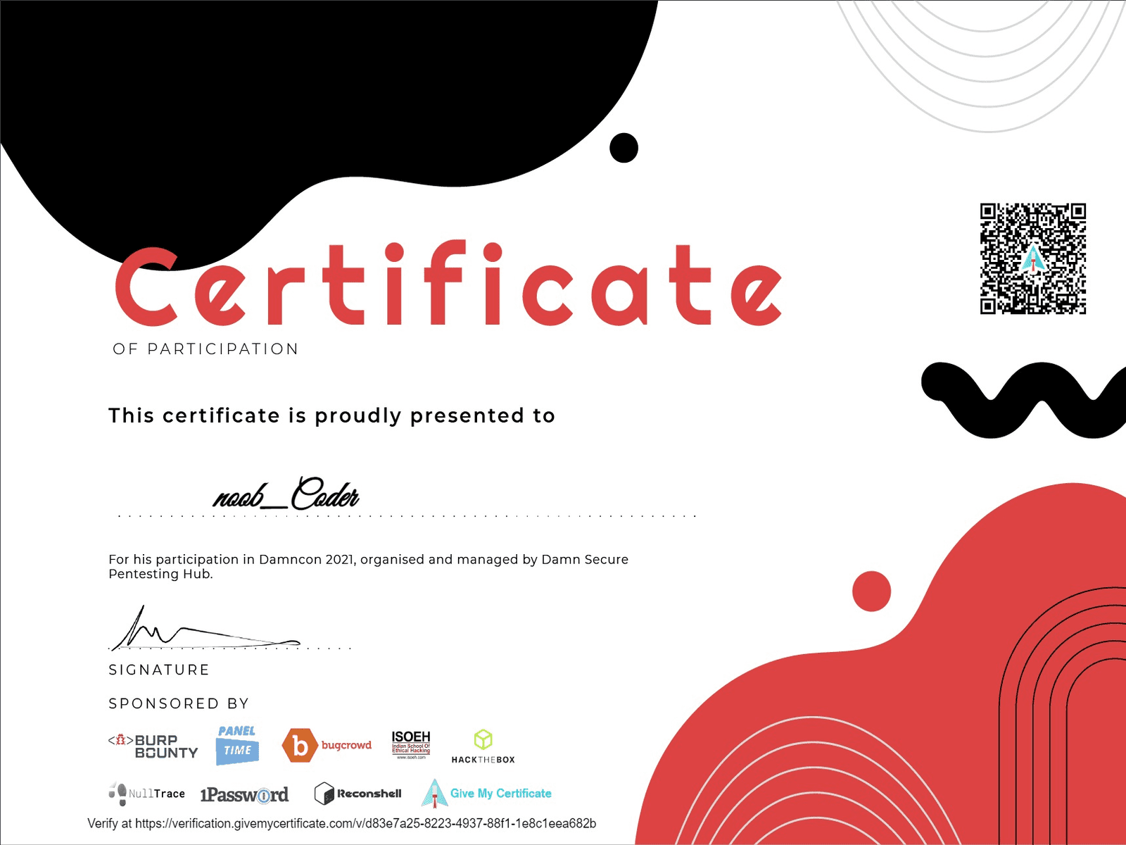 Damncon 2021 CTF participation certificate - Hrishikesh Patra