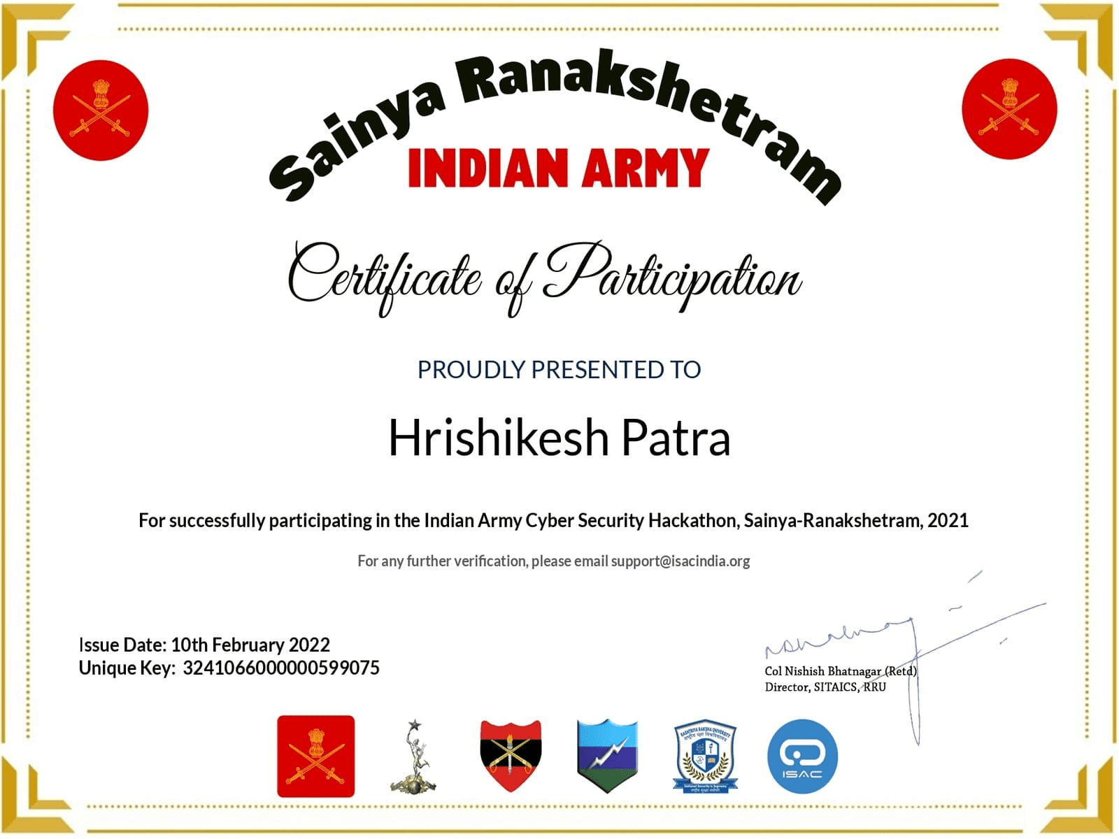 Indian Army Hackathon participation certificate - Hrishikesh Patra