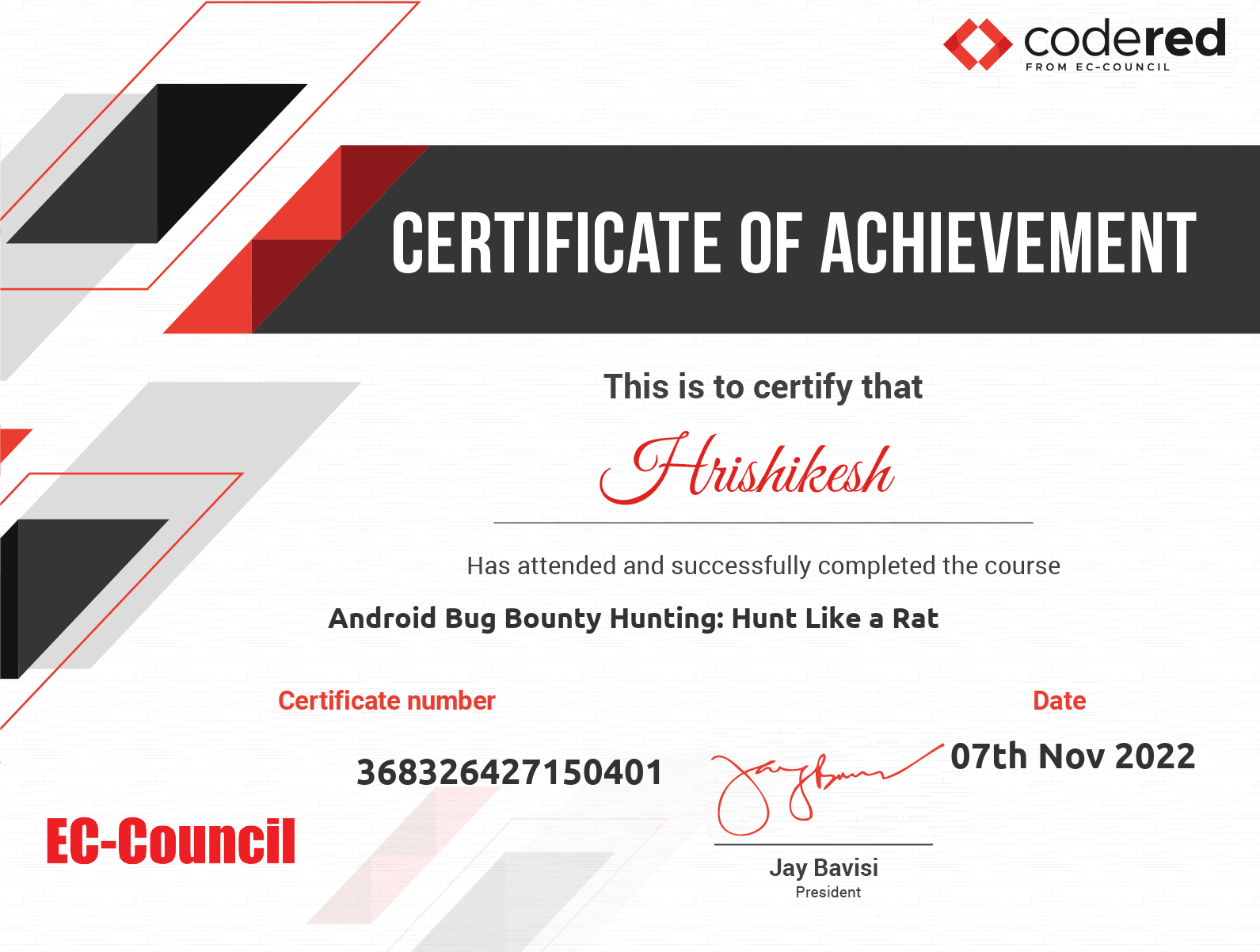 CodeRed Android Bug Bounty course certificate - Hrishikesh Patra