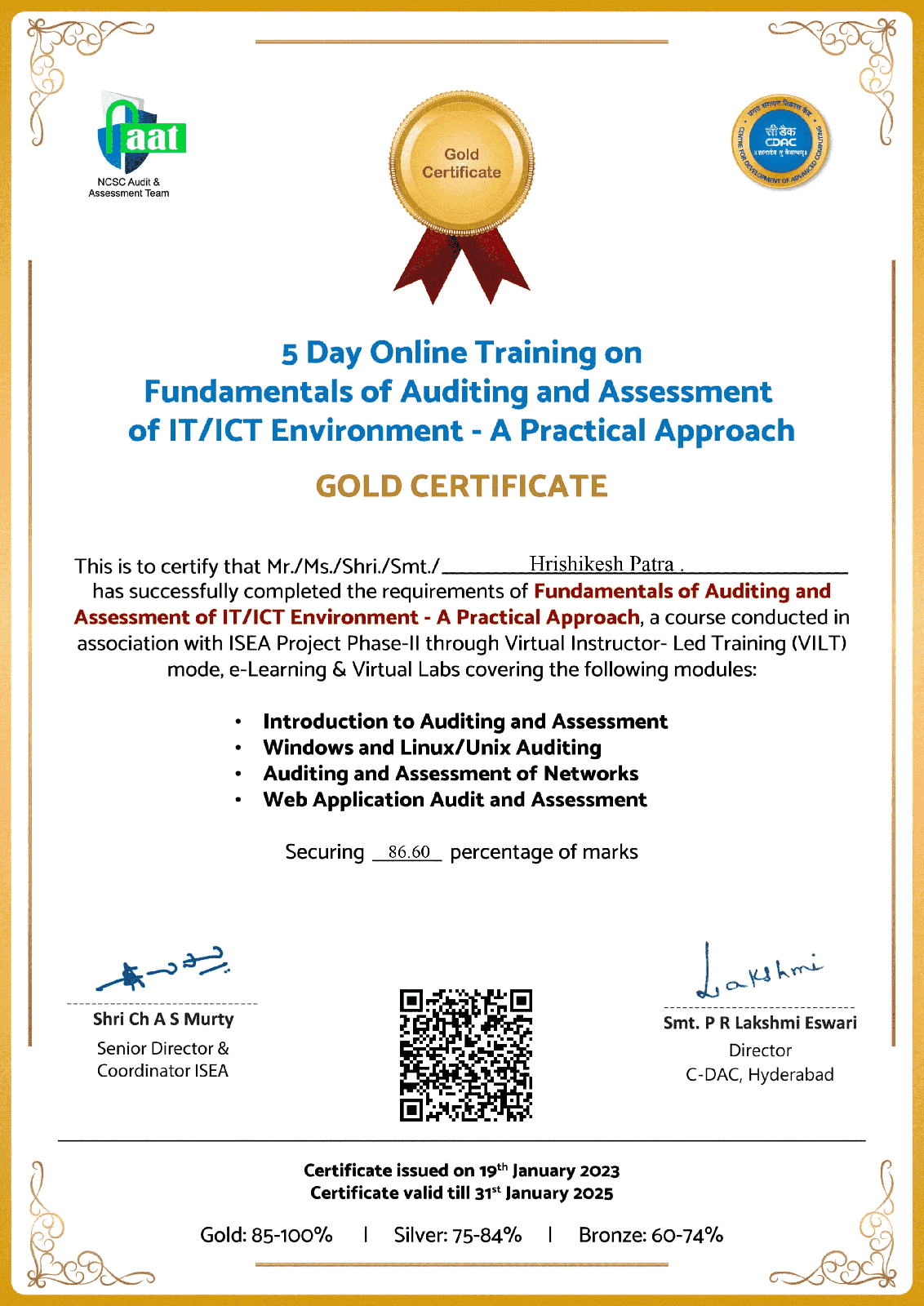 ISEA Gold certification - Hrishikesh Patra