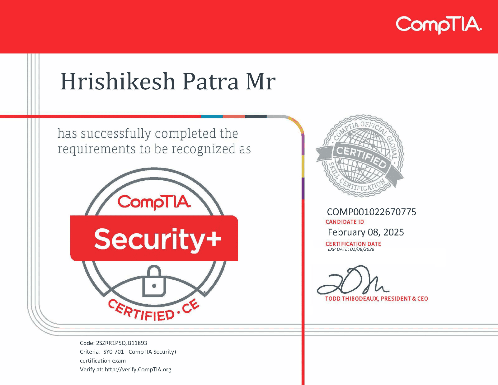 CompTIA Security+ certificate - Hrishikesh Patra