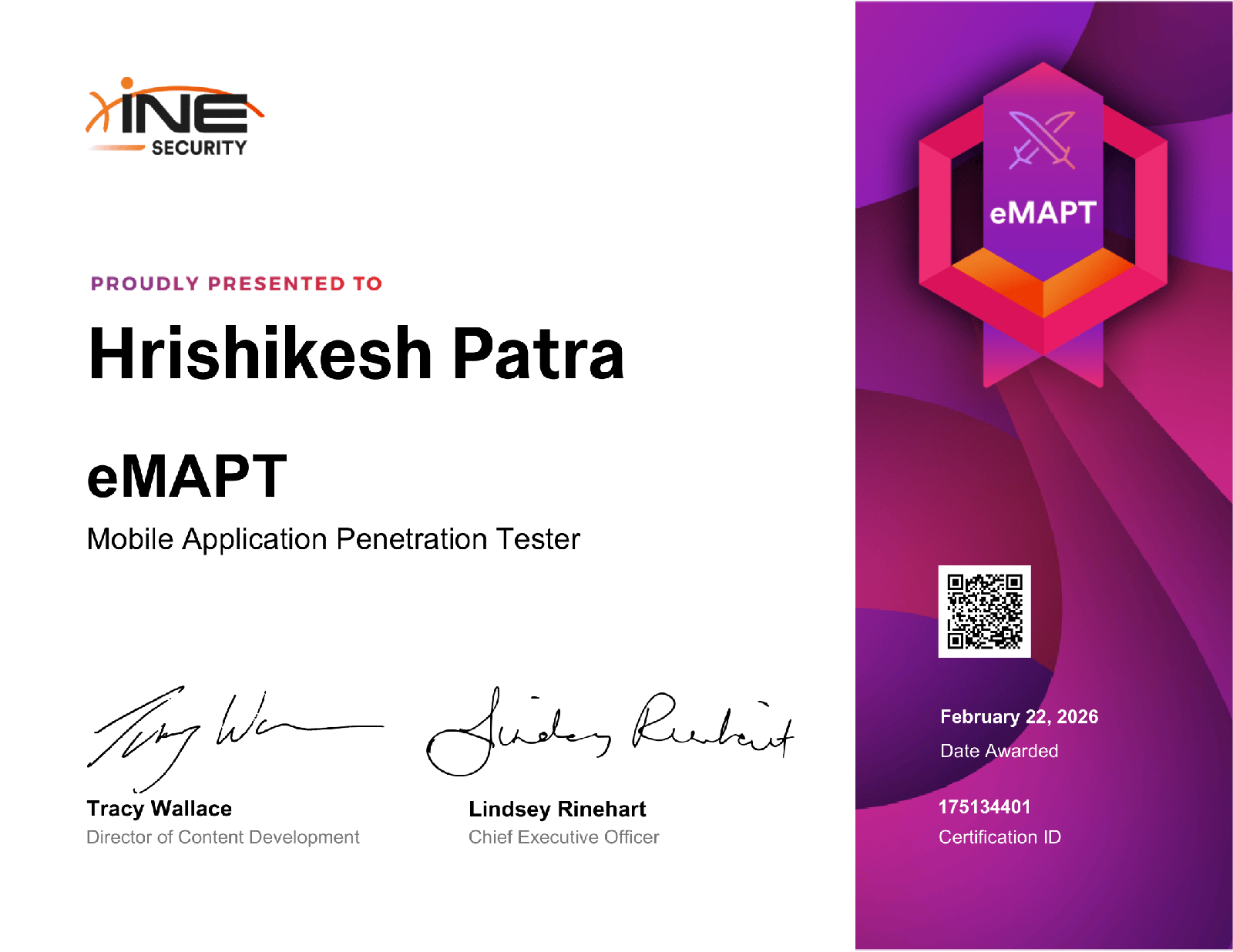 eMAPT (eLearnSecurity Mobile Application Penetration Tester) certificate - Hrishikesh Patra