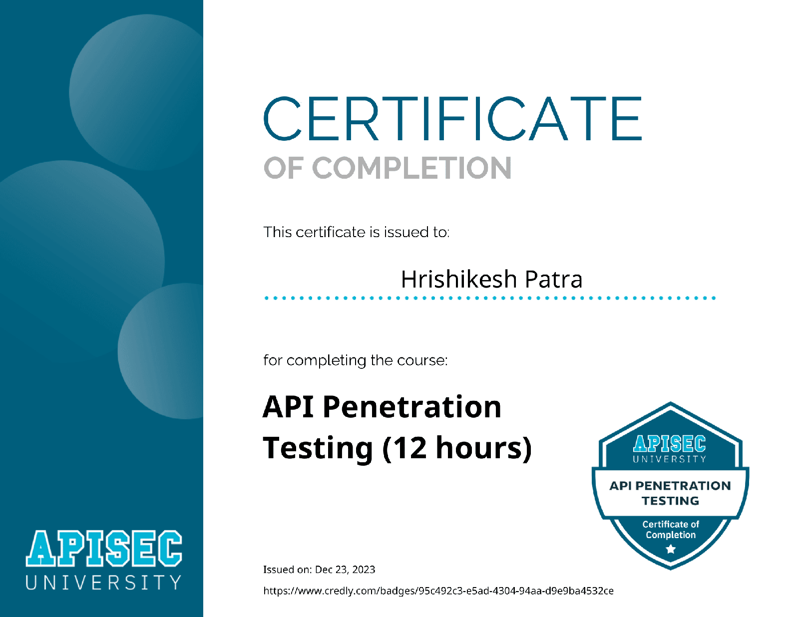 APIsec API Security course certificate - Hrishikesh Patra