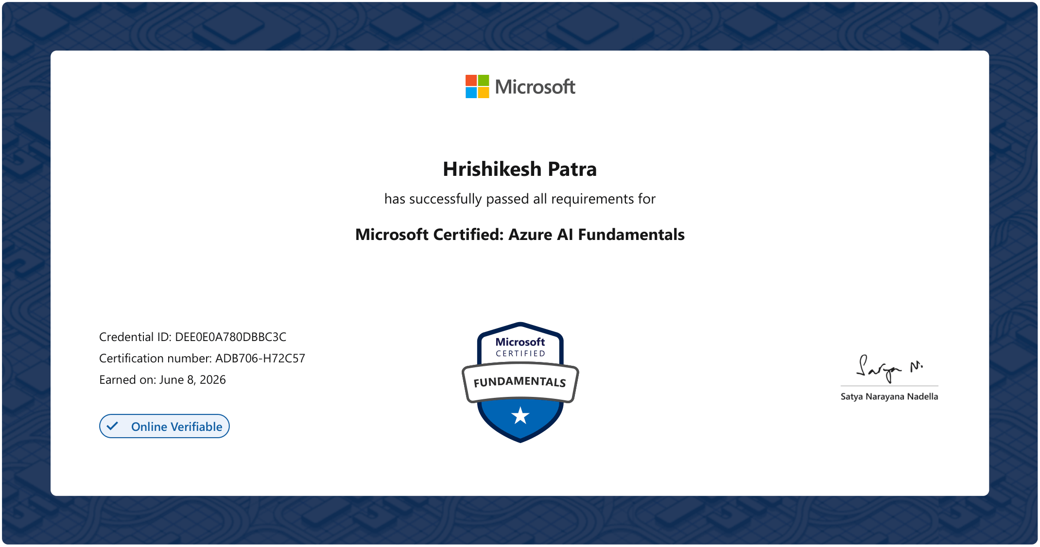 Microsoft Certified: Azure AI Fundamentals certificate - Hrishikesh Patra