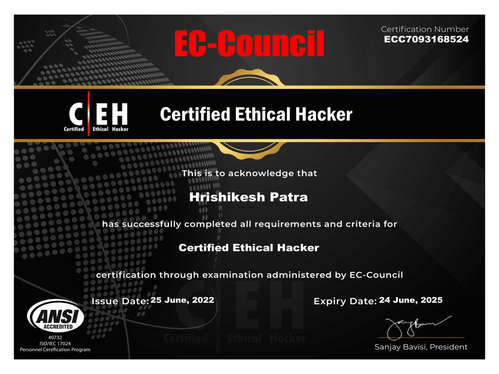 Certified Ethical Hacker (CEH) certificate - Hrishikesh Patra
