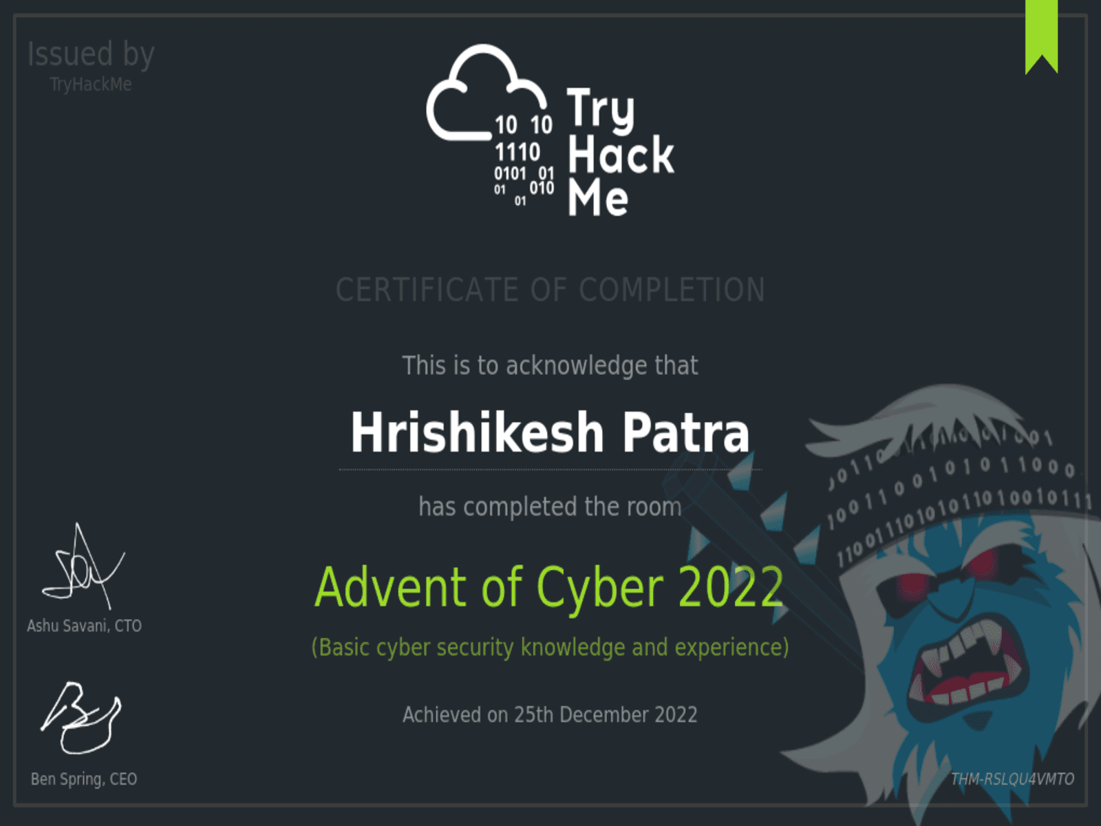 TryHackMe Advent of Cyber completion certificate - Hrishikesh Patra