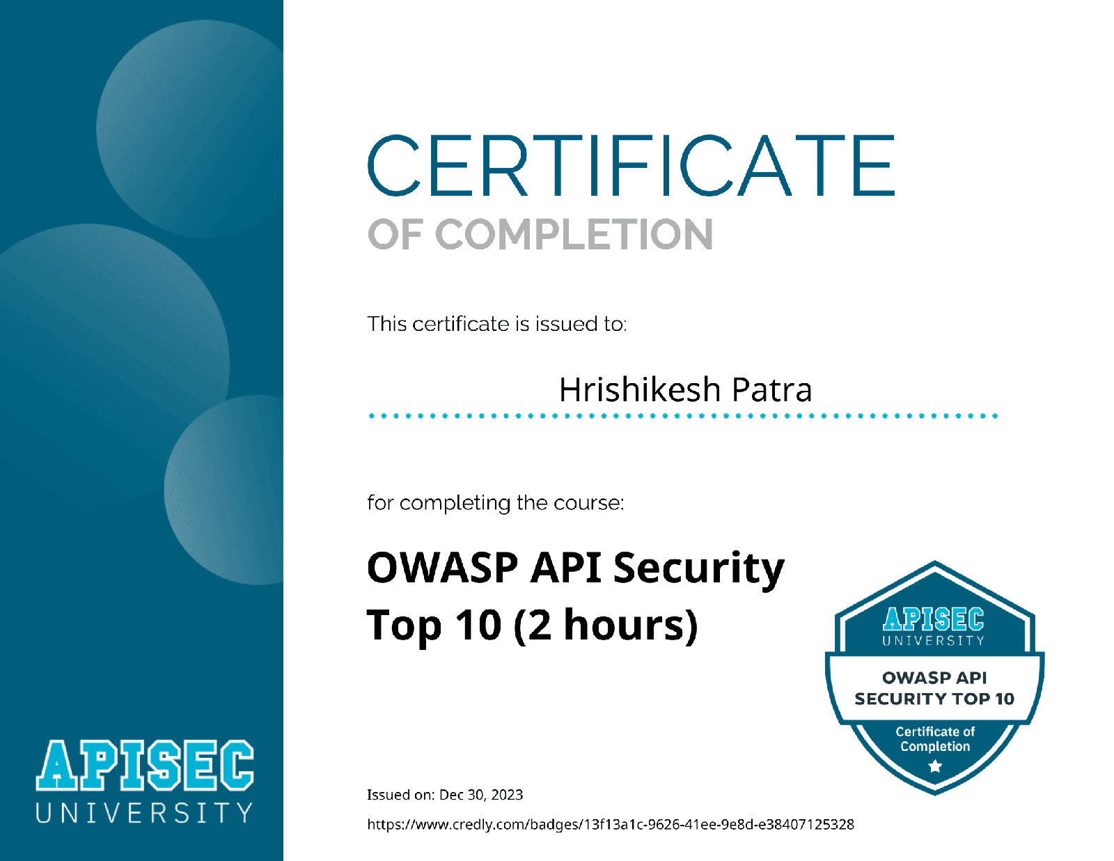APIsec OWASP API Security course certificate - Hrishikesh Patra
