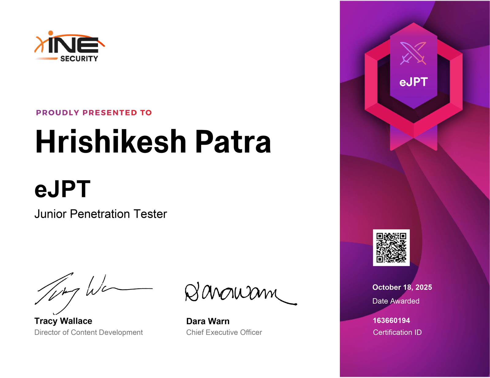 eJPT (eLearnSecurity Junior Penetration Tester) certificate - Hrishikesh Patra